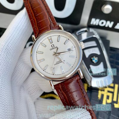 Copy Omega Co-Axial Mens Watch White Dial Brown Leather Strap 42mm